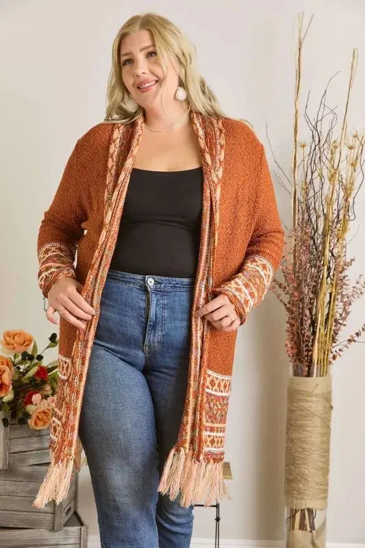 ADORA Full Size Fringe Hem Aztec Border Cardigan Plus Size - Love Salve